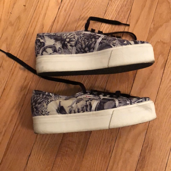 Superga Shoes - Superga black and white floral platform sneakers